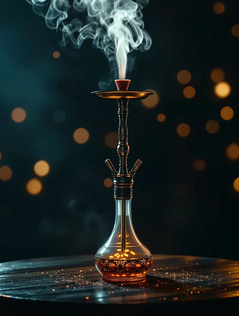 أرجيلة على طاولة خشبية ودخان يلتفّ حولها ليلاً